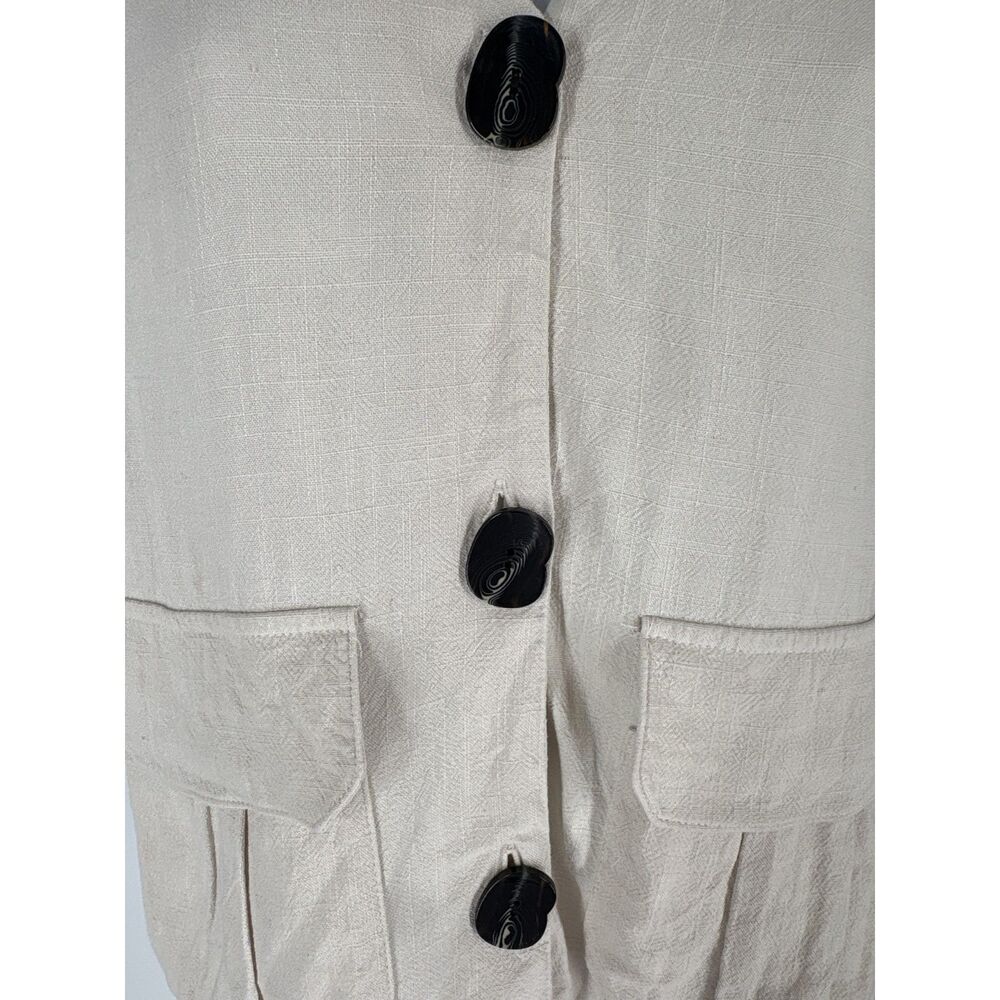 Topshop Neutral Beige Linen Blend Button Front Short Sleeve Top - Picture 3 of 4